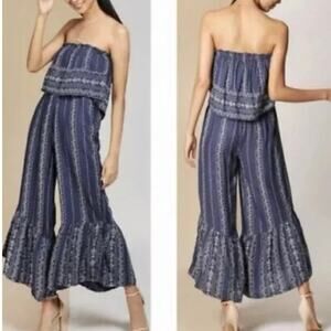 Japna Women’s Strapless Blue Paisley Wide Leg Ruffle Jumpsuit Size M boho